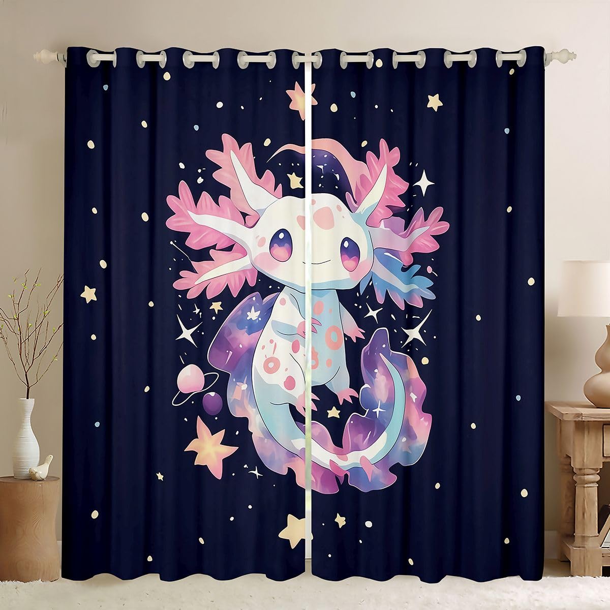 Homemissing Tende oscuranti Axolotl per camera da letto e soggiorno, motivo salamandra, stile kawaii, oceano marino, 2 pannelli, 132 x 228 cm, decorazione per la stanza nera e rosa