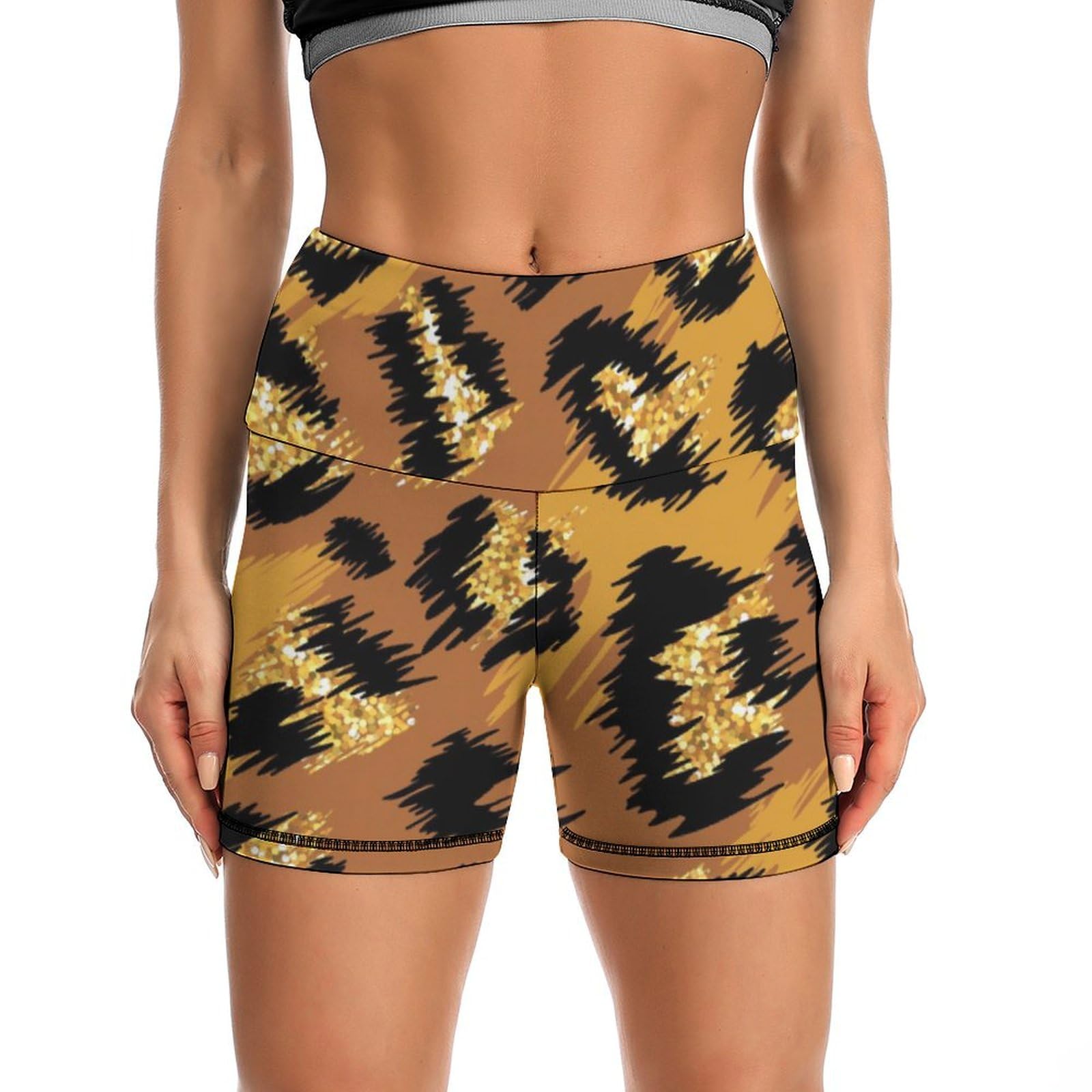 JYYAU Rose Gold Glitter Ombre Leopard Pattern High Waist Yoga Shorts for Women Athletic Shorts Leggings Running Pants