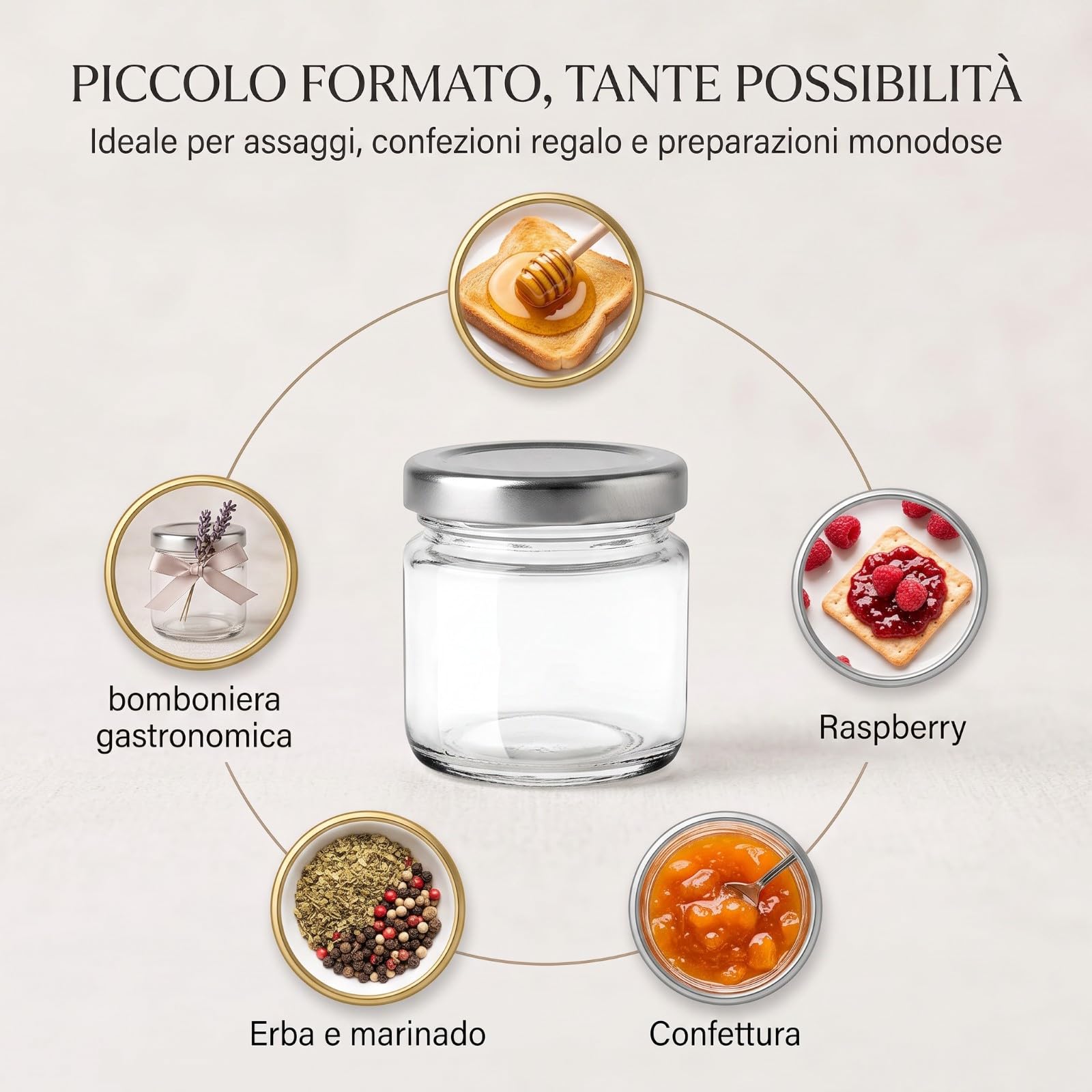 Chianese Vasetti in Vetro Monodose con Tappo Argento Ø43 mm – Confezione 120 Pezzi – Barattolini per Miele, Marmellate, Confetture, Spezie e Bomboniere
