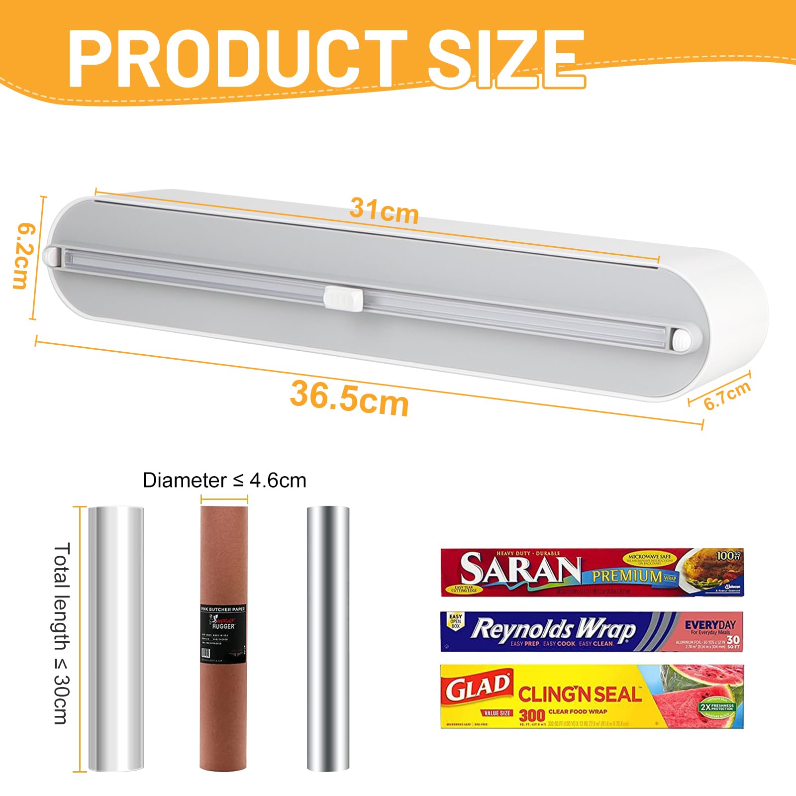 DBREAKS Dispensador Papel Aluminio y Film, Organizador Papel Aluminio y Film, Cortador de Film Transparente, Dispensador de Film de Cocina con 50m Film Transparente,Blanco