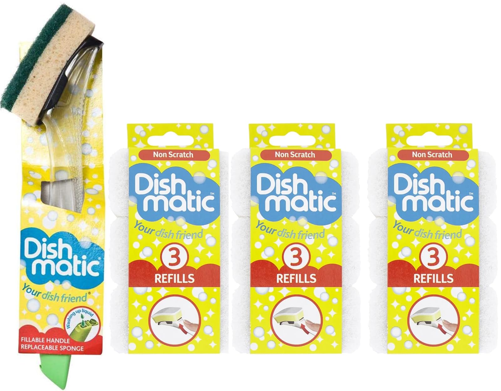 Fillable Washing up Brush Bundle [ Easy Grip Dish Cleaner] - with 9X Non Scratch Sponge Refills -Ideal for Glassware and Delicate Surfaces