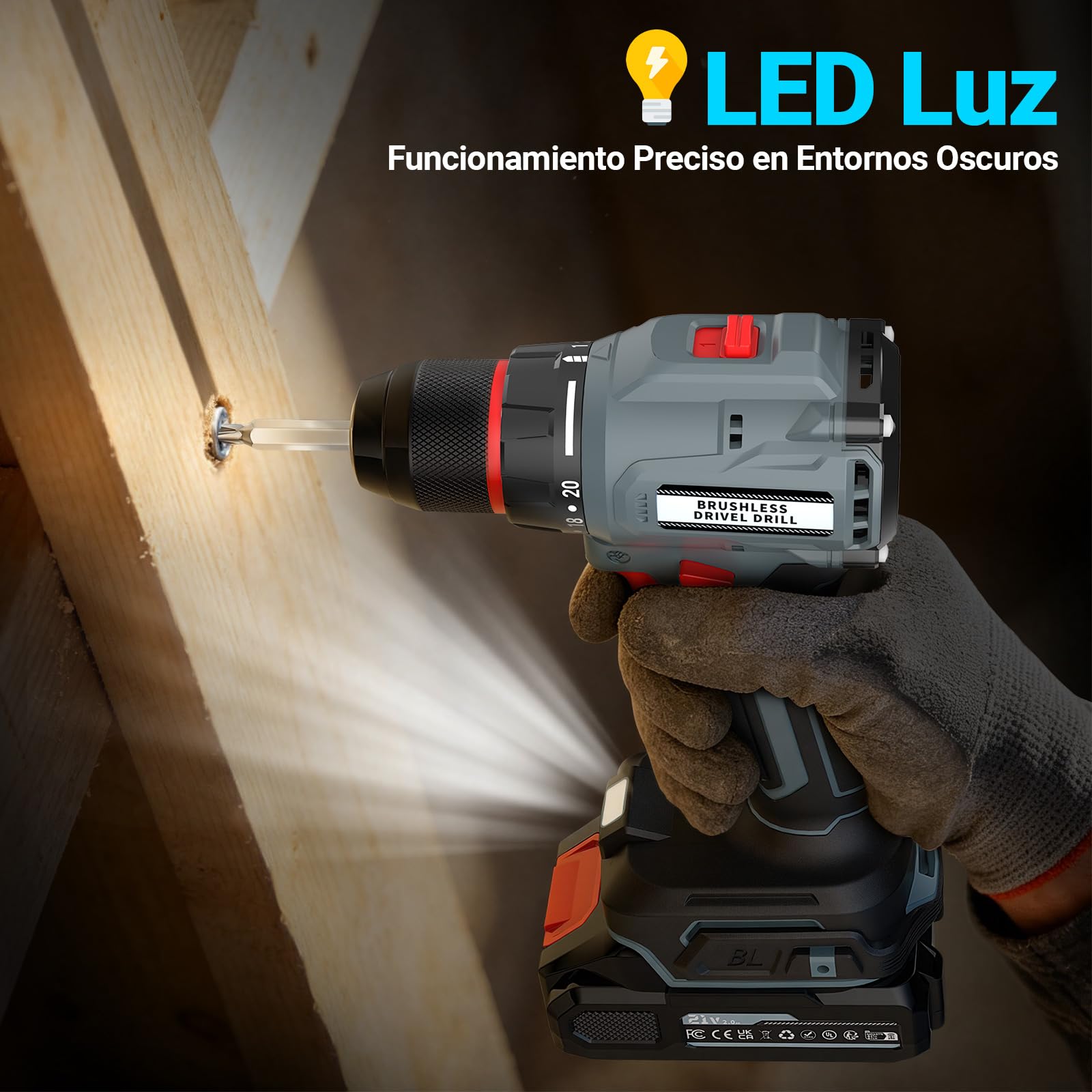 Brushless Trapano Avvitatore Batteria, 21V Trapano a Percussione, 55Nm Max con 2 Batterie 2.0Ah, 20+1Coppia,2 Velocità,LED Luce, Elettrico Avvitatore Ideale per forare e avvitare