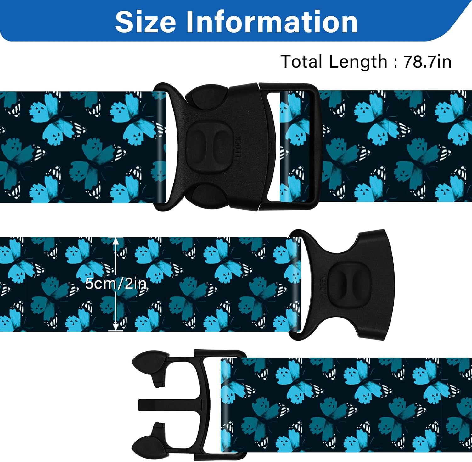 2 Pack Luggage Straps for Suitcases, Adjustable Travel Belt with Double Lock and Quick Release Buckle, Heavy Duty Nylon Bag Packing Strap, Unique Identifiers Travel Accessories-Blue Butterfly image 3