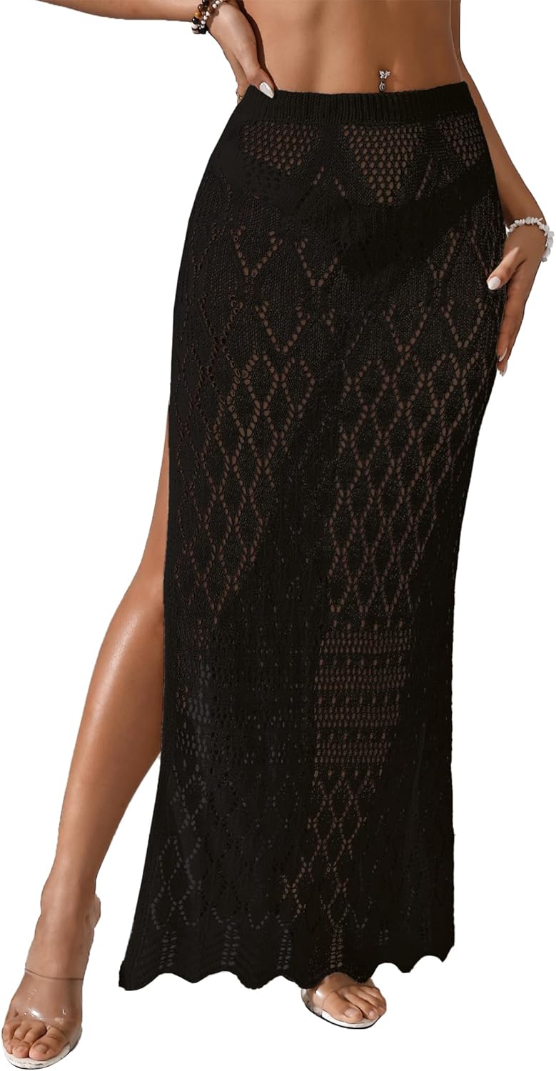 Womens Crochet Knit Elastic Waist Beach Dress 2026 Summer Outfits Side Slit Bathing Suit Cover Up Maxi Skirt