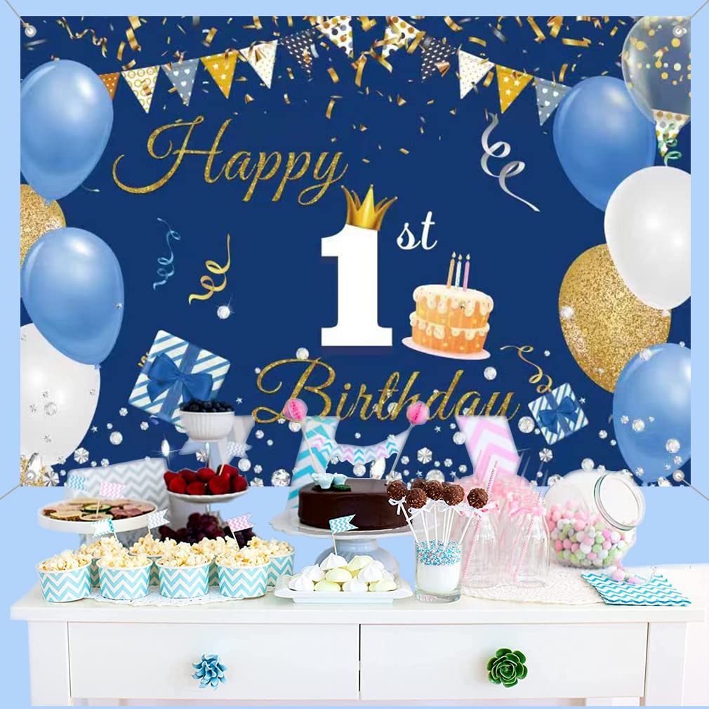 Happy 1st Birthday tło dekoracja baner dla chłopca / dziewczynki szczęśliwy 1 rok stary tkanina znak plakat, niebieskie tło fotograficzne artykuły na pierwsze urodziny, 150 x 90 cm