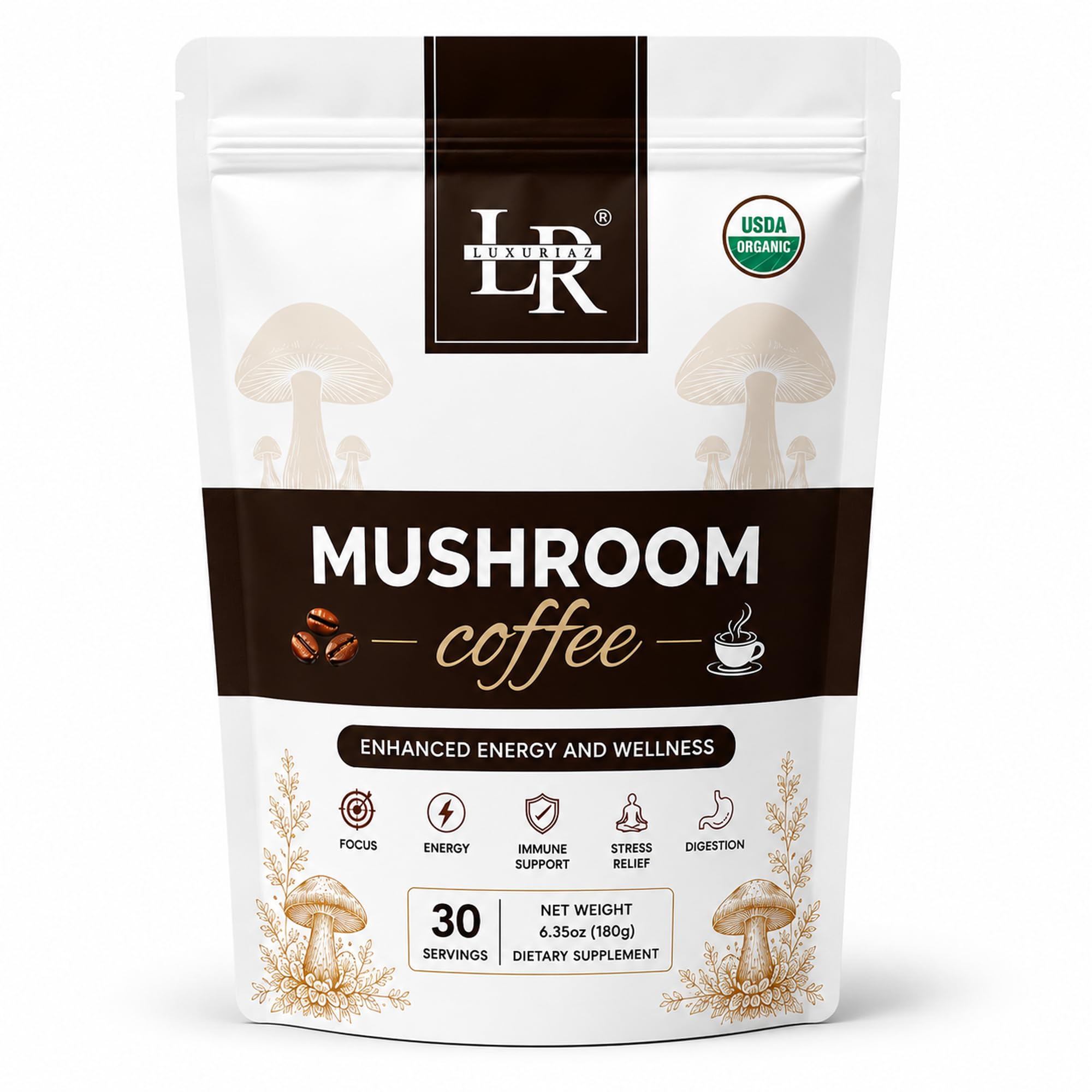 Luxuriaz Pilzkaffee, Bio 6 adaptogene Pilze (Löwenmähne, Reishi, Cordyceps, Chaga, Truthahnschwanz, Shiitake) für Immunität, Fokus und Energieunterstützung, perfekte Kaffee-Alternative, 30 Portionen