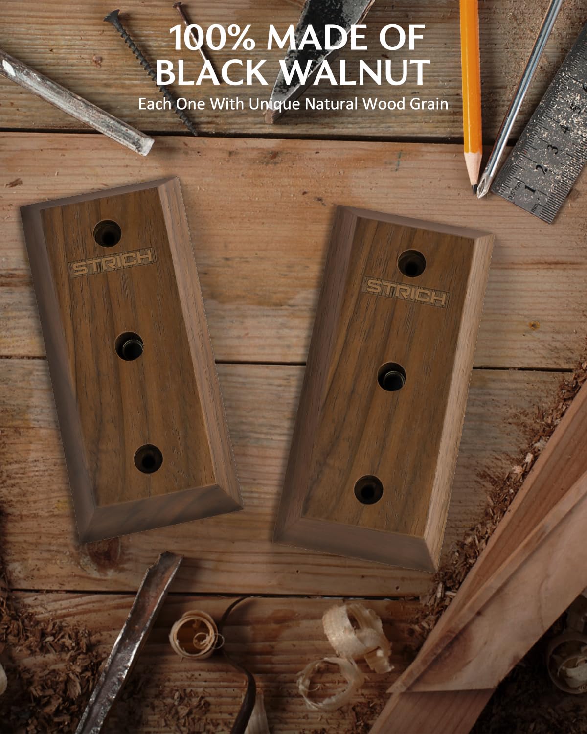 STRICH - Supporto da parete per chitarra, in legno di noce nero, gancio a U per chitarra acustica ed elettrica, basso, ukulele, violino, mandolino, banjo (confezione da 3)