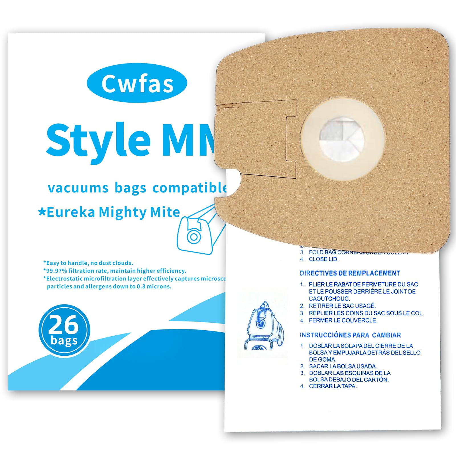 Paquete de 26 bolsas de vacío Style MM, para aspiradoras Eureka Mighty Mite serie 3670 y 3680, sustituye a las bolsas de aspiradora 60295, 60295A, 60297A
