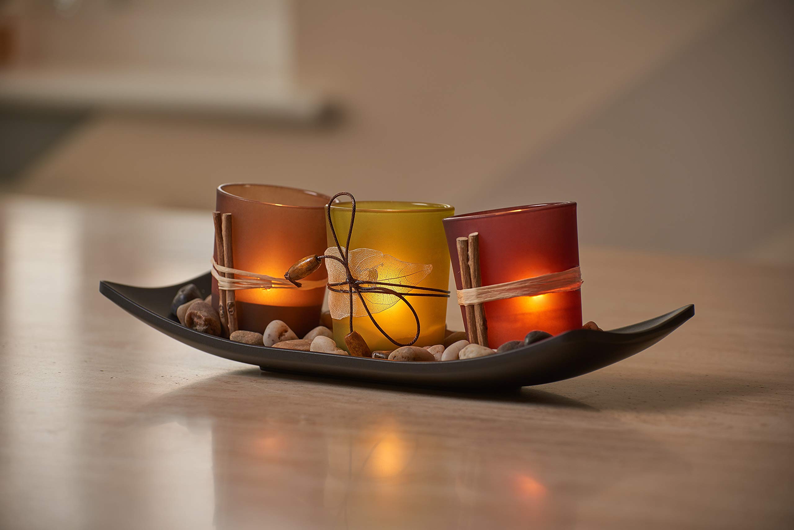 Set Di 3 Portacandele In Vetro Satinato Con Vassoio E Ciottoli Decorativi, Stile Zen Per Casa