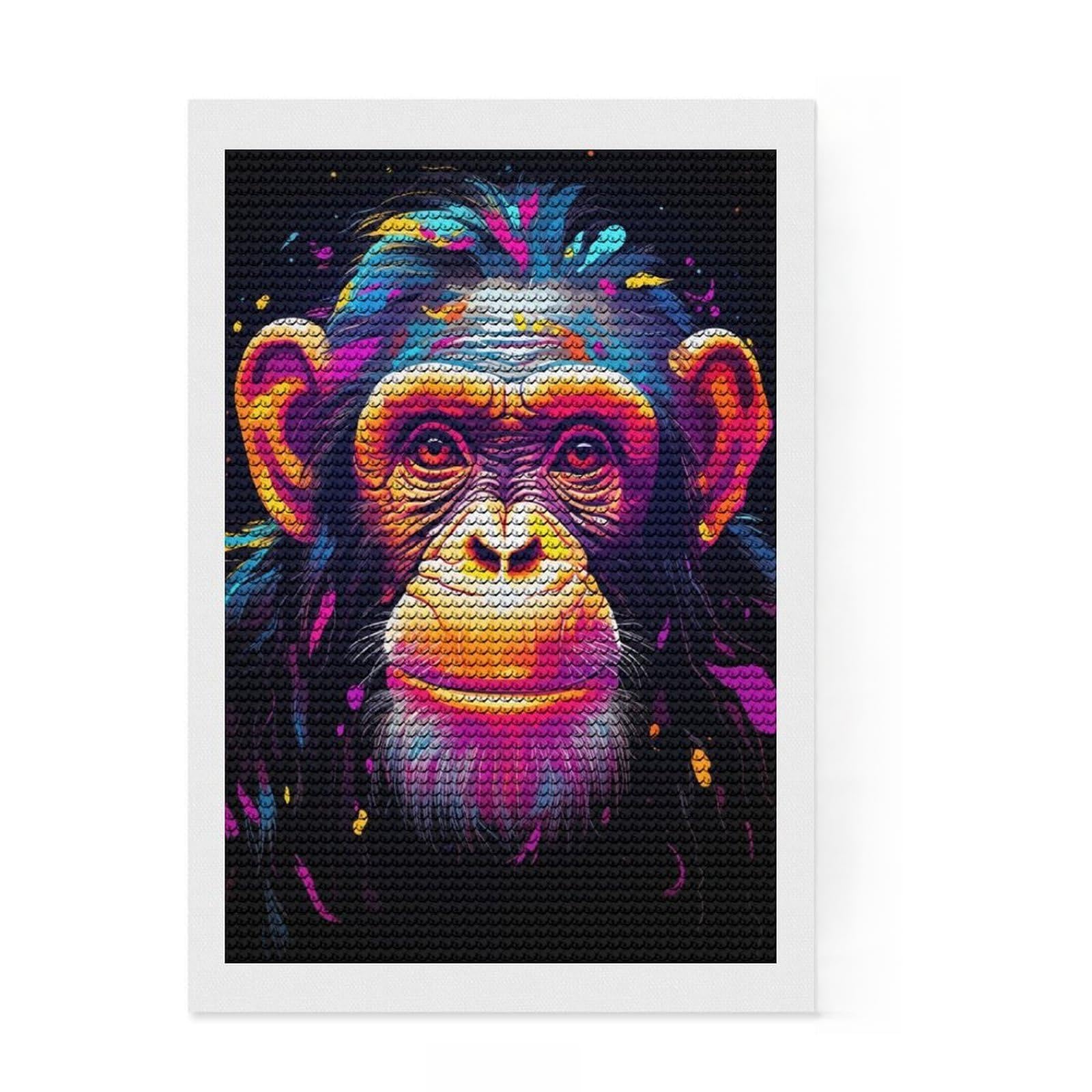 Junmoney Neon Chimpanzee DIY Diamond Art Canvas Kit 8"x12", Fun Craft Experience, Good for Quiet Evenings, Cosy Home Accent, Gift Idea