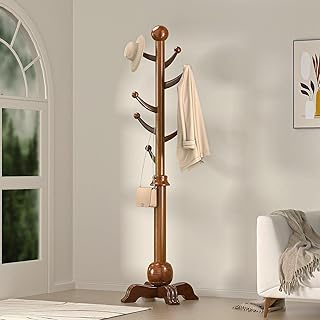 Hall Tree, Freestanding Wood Tree Rack with 7 Hooks, Coat Rack with Stable Sphere Base, Wooden Coat Rack Stand, Load 210 lb, Coat Hanger Stand for Entryway, Hallway, Bedroom, H:72 in, Walnut