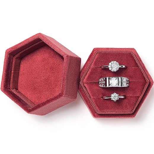 WantGor Velvet Jewelry Ring Box, 3 Slots Hexagon Ring Gift Box Vintage Ring Display Holder Case for Wedding Ceremony Proposal Engagement (Burgundy)