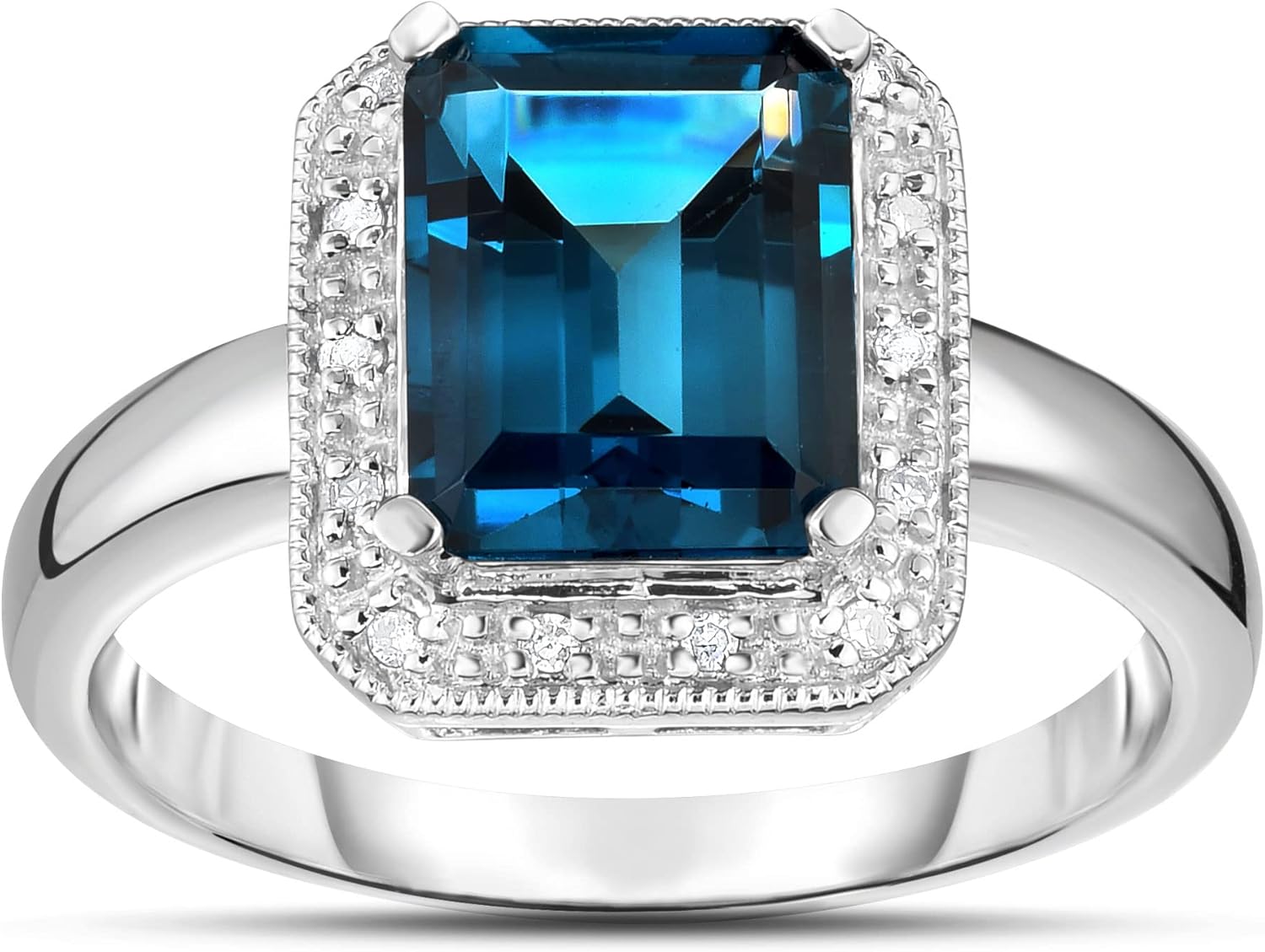 925 Sterling Silver Genuine London Blue Topaz Emerald Cut Ring with Diamonds