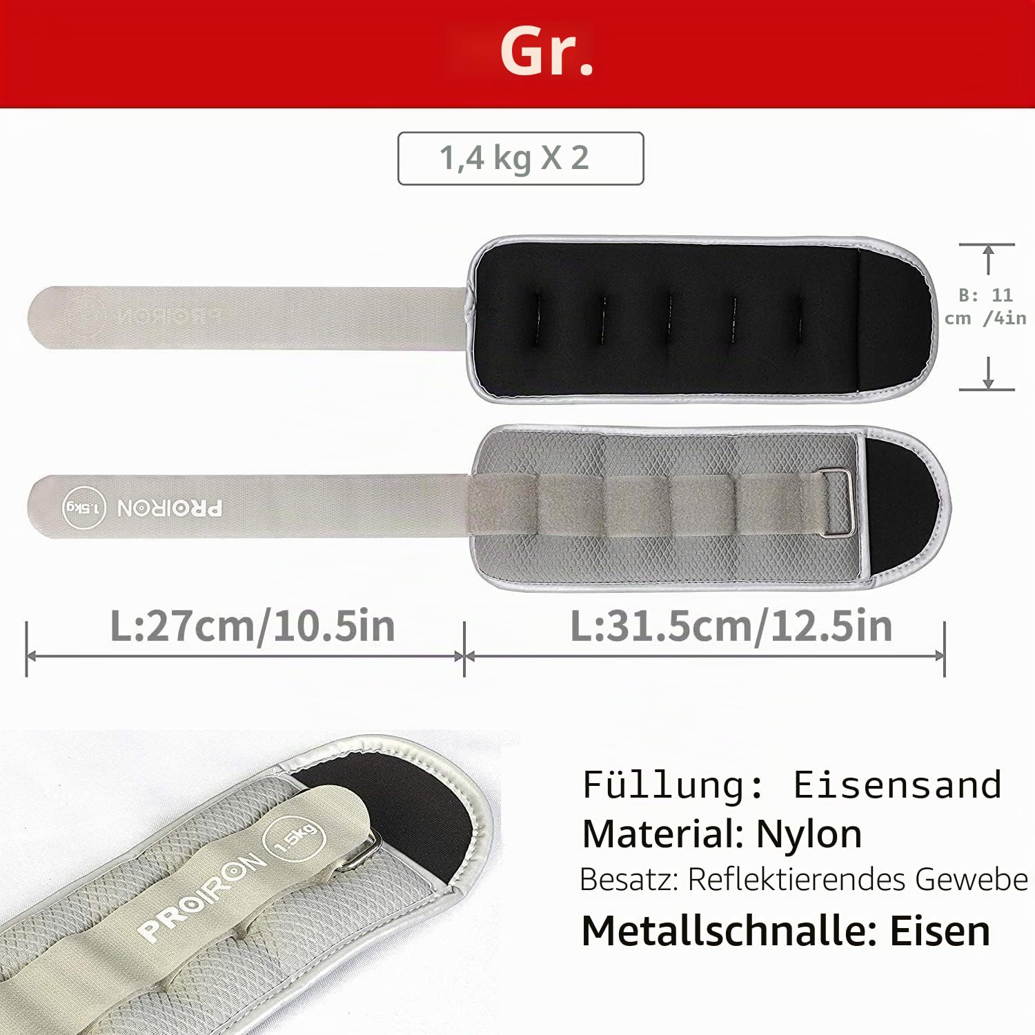 PROIRON Gewichtsmanschetten Fuß, Armgewichte Handgelenkgewichte Set (1 Paar) 0,5kg bis 2kg, Handgewichte, Fußgewichte und Fußgelenkgewichte für Fitness, Bewegung, Laufen, Joggen, Gymnastik