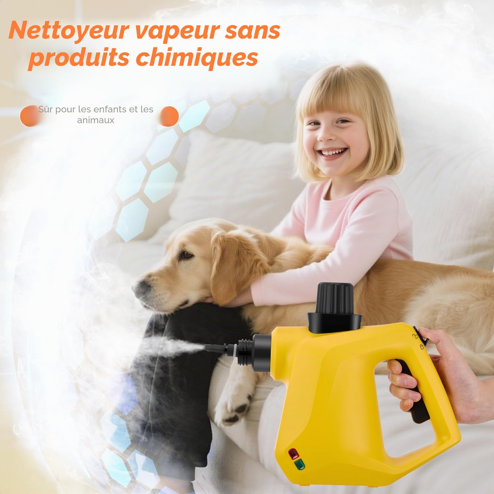 Nettoyeur Vapeur,Nettoyeur Vapeur Portable avec serrure de sécurité et kit d'accessoires de 10 pièces,Steam Cleaner pour Taches sur Vitres,lit,Matelas,Tapis,Voiture,Cuisines（Jaune）