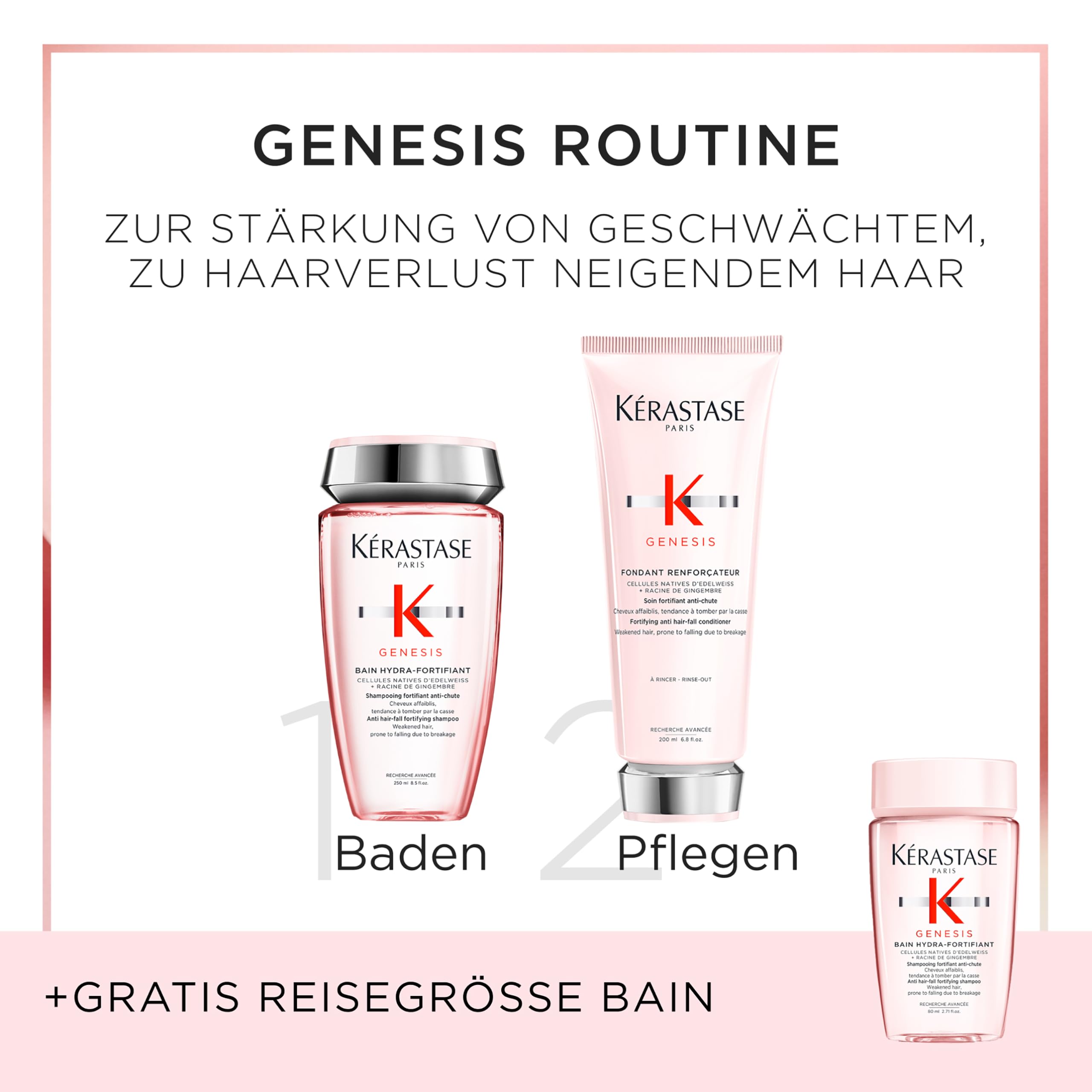 Kérastase, Genesis, Pflegeroutine mit Shampoo (Normalgröße und gratis Probiergröße 80ml) und Haarspülung, Für feines und brüchiges Haar, Gegen Haarverlust und Haarbruch