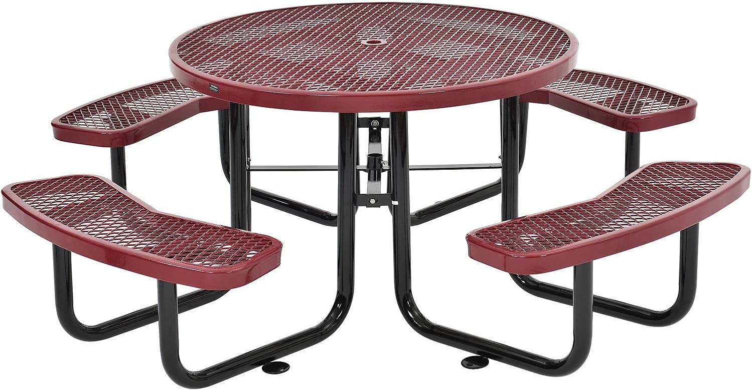 46" Round Picnic Table, Expanded Metal, Red Thermoplastic Coating, Attached Benches, 1-1/2โ Umbrella Pole Hole, Outdoor-Rated, 1000 lb Capacity