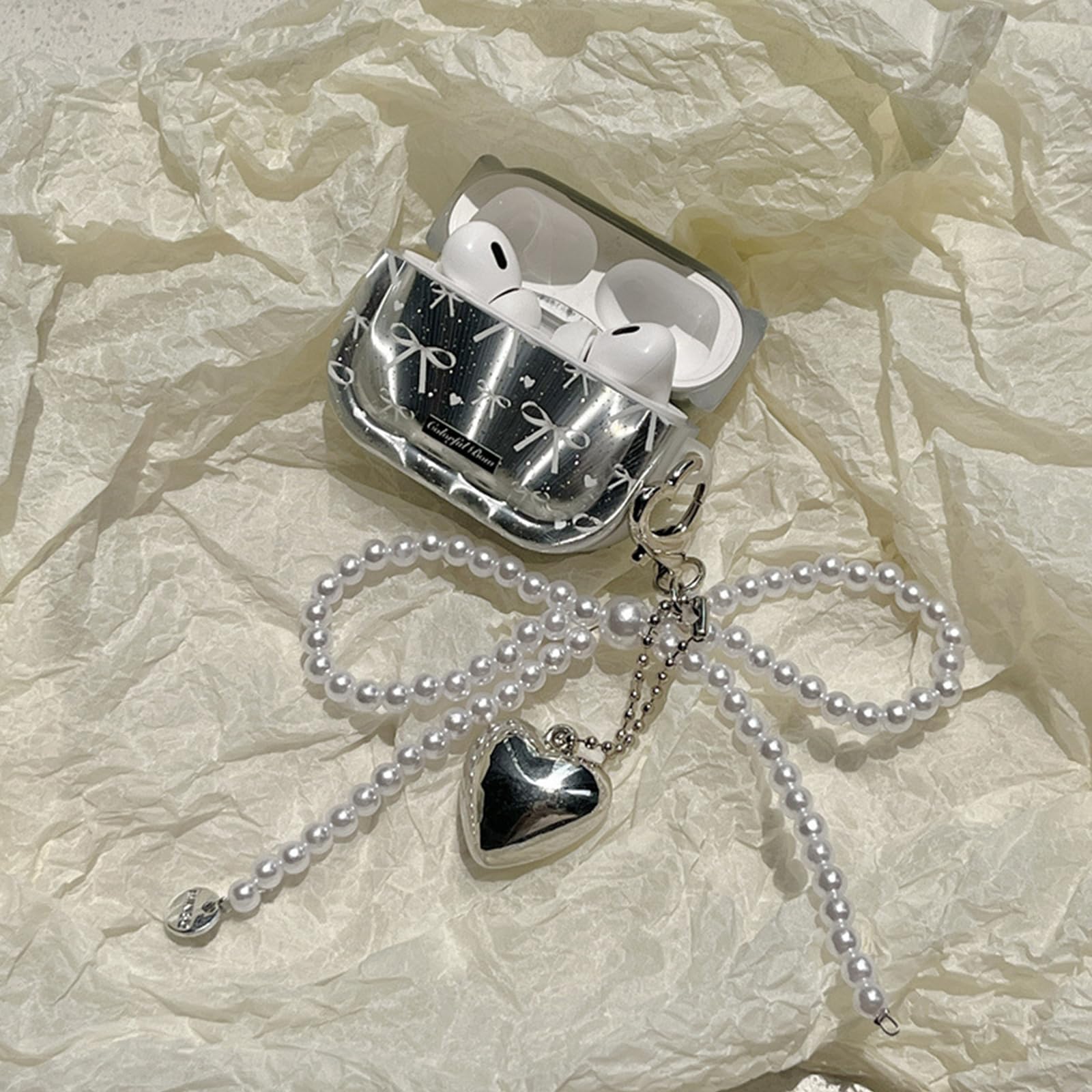Portachiavi Y2K Con Ciondolo Cuore E Fiocco Di Perle - Accessorio Fashion In Argento Per Borse E Cellulari - Regalo Per Amiche - 2