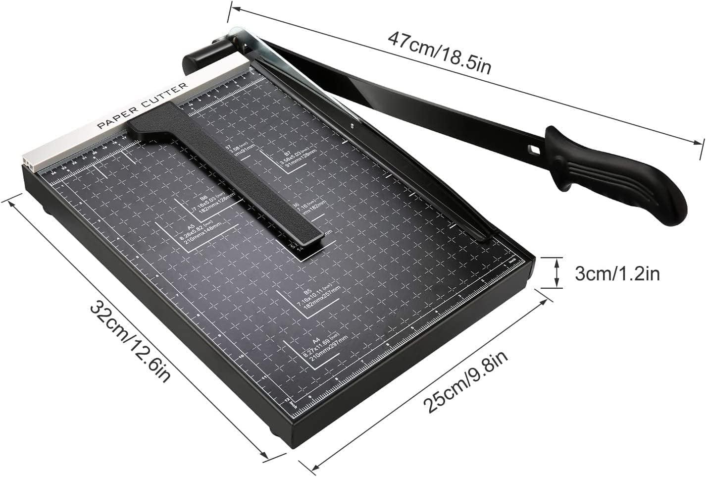 Taglierina a ghigliottina A3-B7,300-485 mm, lunghezza di taglio per cartone e base in metallo, con blocco lama di sicurezza e doppia guida, capacità 10-12 fogli (nero, 300 mm)