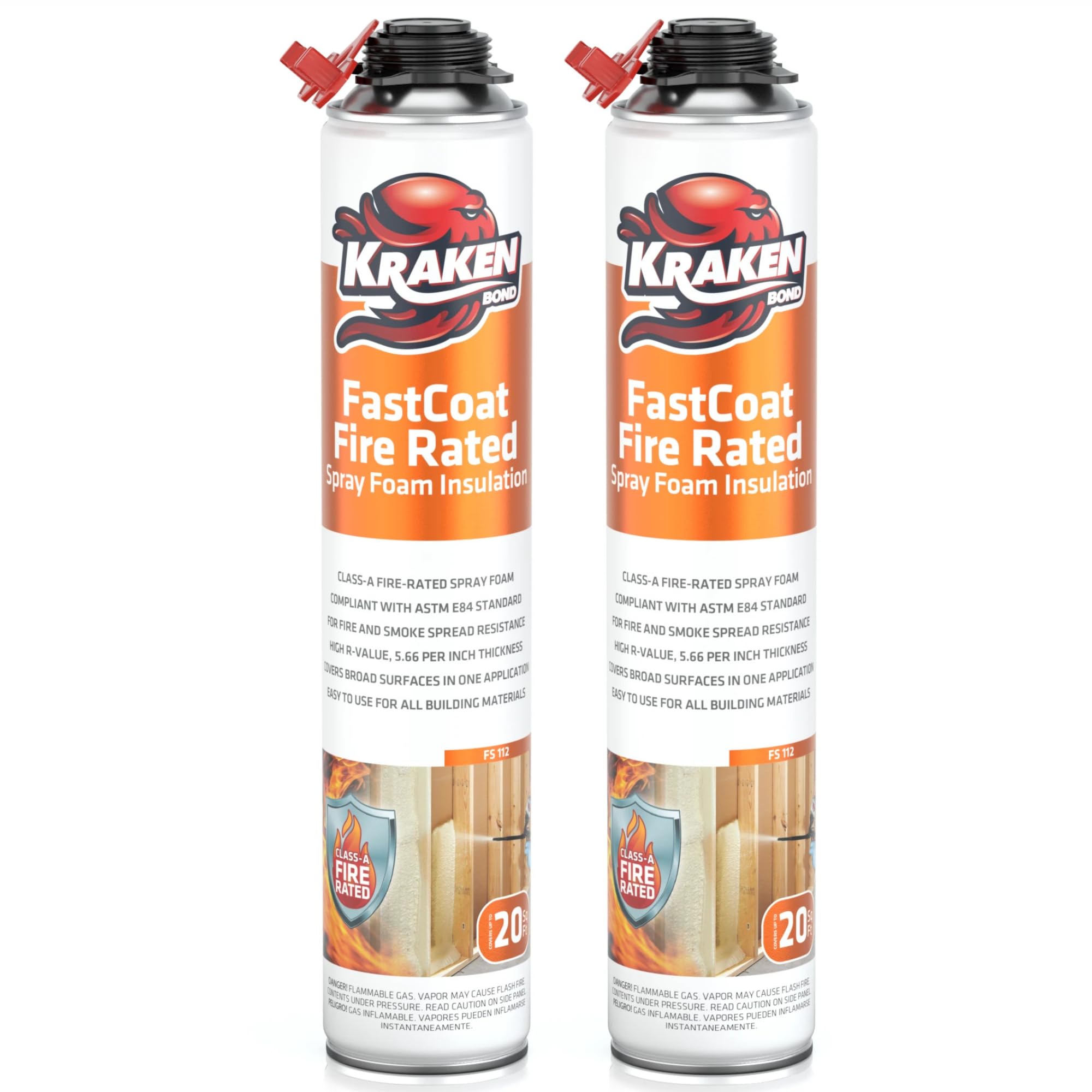 Kraken Bond Fastcoat Fire Rated Spray Foam Insulation Kit Closed Cell in a Can 40 sq ft (2x27.1 oz.) (R-Value 11.32 / 2in) - Spray Foam for Garage Door, Attic, Wall Gun & Cleaner Not Included, 2 Pack