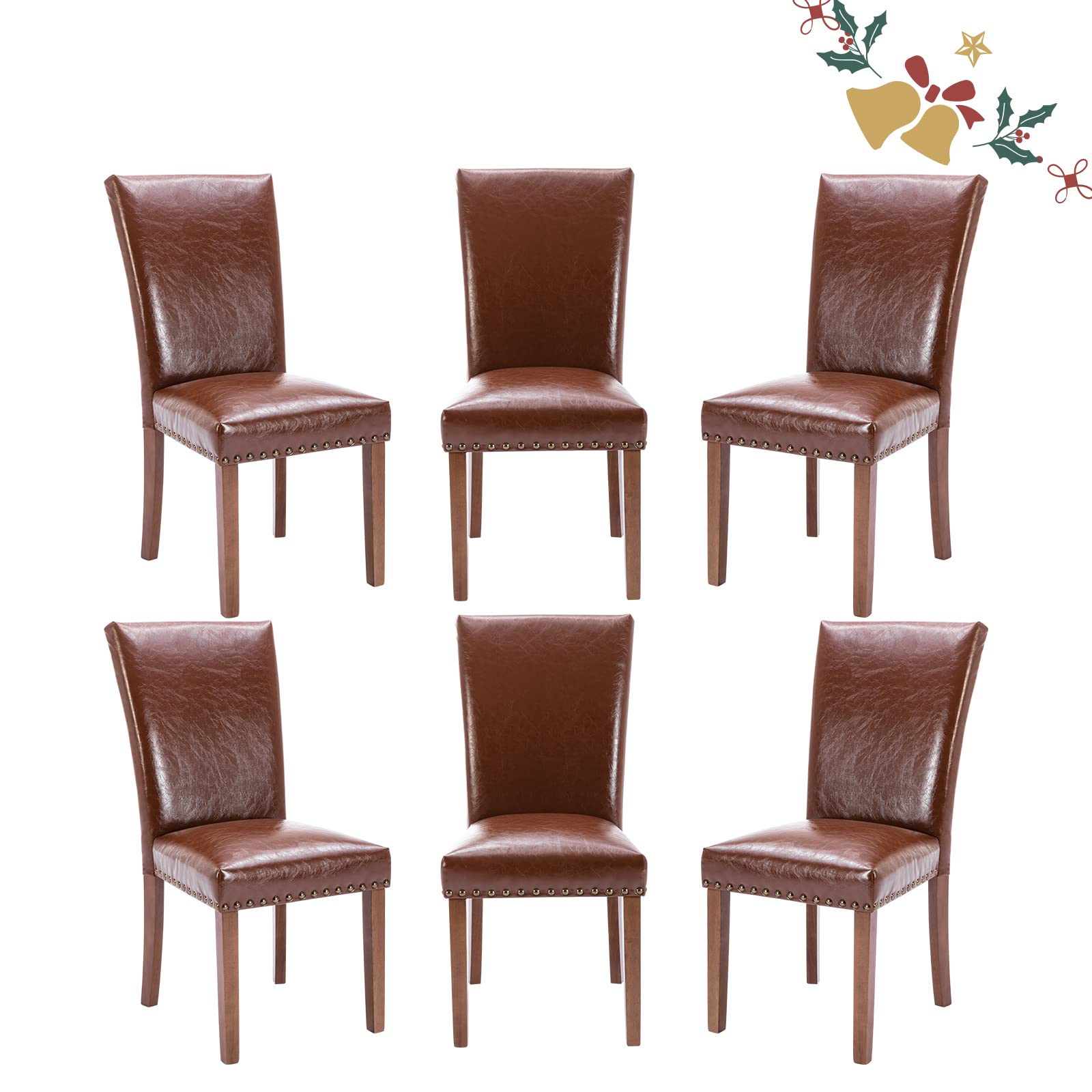 Parsons Dining Chairs Set of 6, Upholstered Nailhead PU Leather Dining Room Kitchen Side Chair with Thick Cushions and Wood Legs, Light Brown