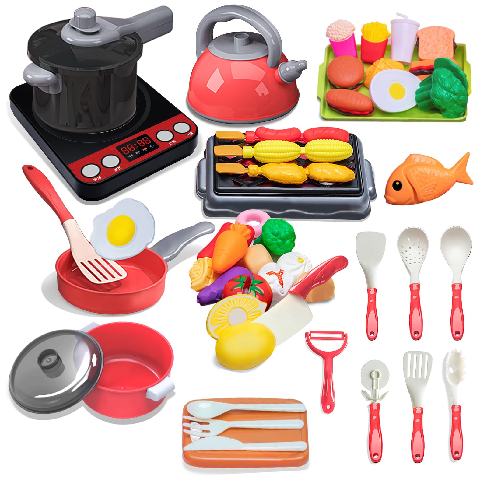 74 Pezzi Accessori Giocattolo da Cucina per Bambini, Giocattoli da Cucina con Pentole e Padelle, Gioco di Ruolo da Chef Adatto a Ragazzi e Ragazze di 3 4 5 6 7 8 Anni