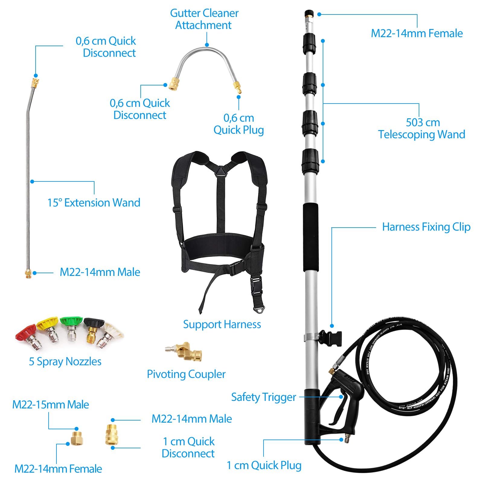 SOARS Spruzzatore Lancia Telescopica per Pulitore Ad Alta Pressione, Set Prolunga Pulitore con 5 Ugelli, 2 Adattatori, Cintura di Imbracatura, 550 CM Max, 4200 PSI, per Tetto, Auto, Terrazza, Parete