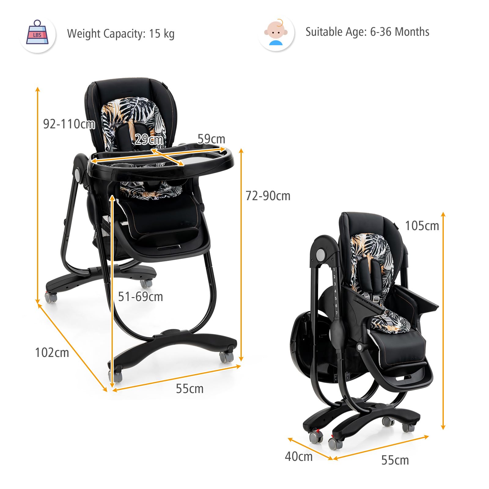 LIFEZEAL Trona Plegable con 7 Posiciones de Ajuste de Altura, Respaldo Reclinable, Trona Evolutiva con Cojín Confort, Doble Bandeja, Articulada, 6-36 meses, Capacidad 15 kg (Negro)
