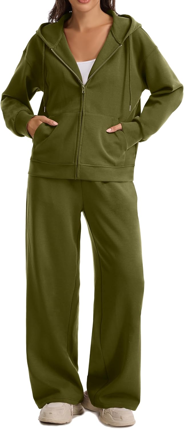 Women's 2 Piece Cotton Blend Sweatsuit Zip Up Hoodie Wide Leg Pants Matching Lounge Fall Spring