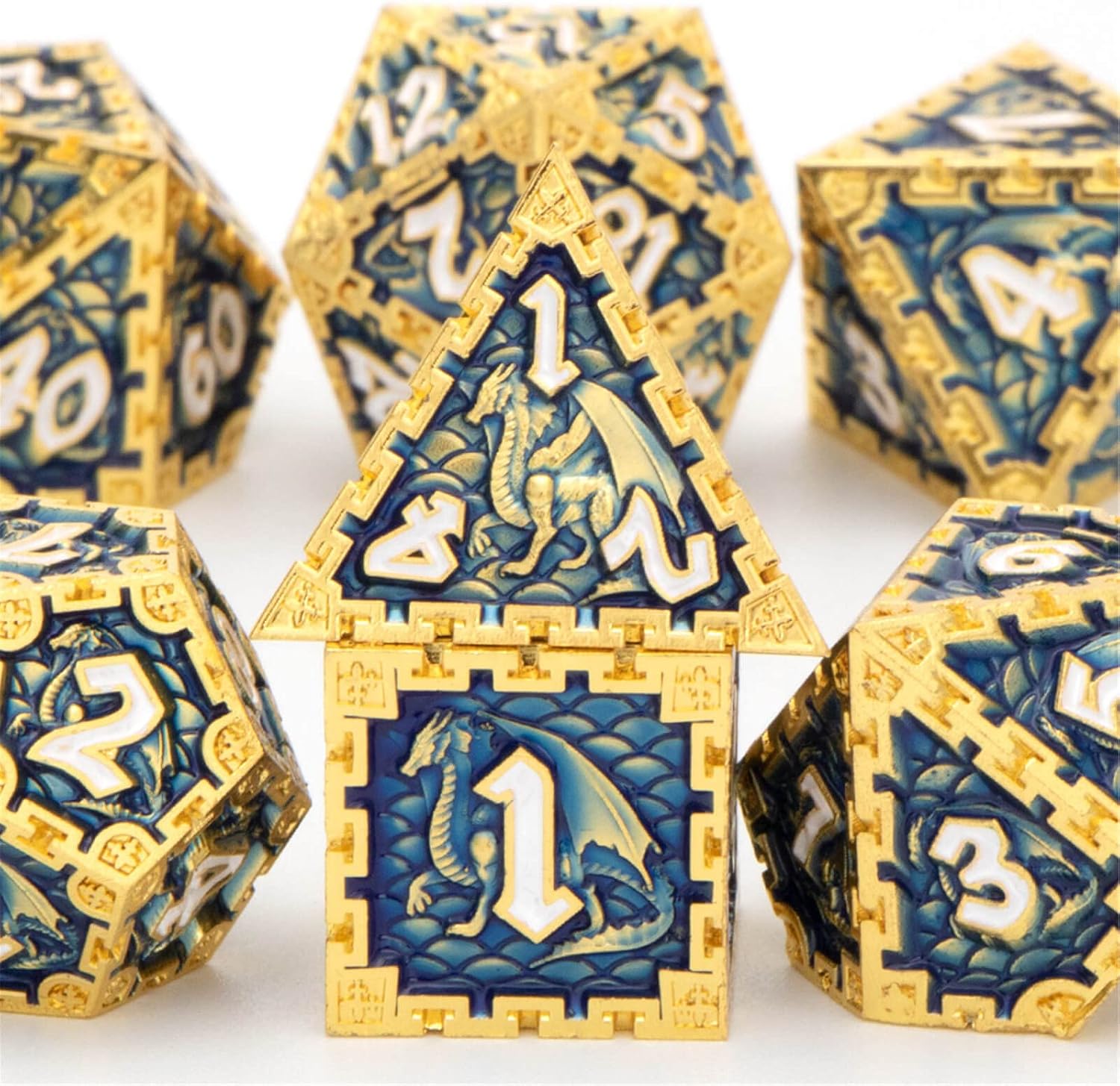 DND Dice Set , RUNFNG Metal Polyhedral Dice Set - D20 D12 D10 D8 D6 D4 , Blue Dragon Design D and D D&D Dice Set for Dungeons and Dragons , MTG , RPG Role Playing Dice with Coll Box