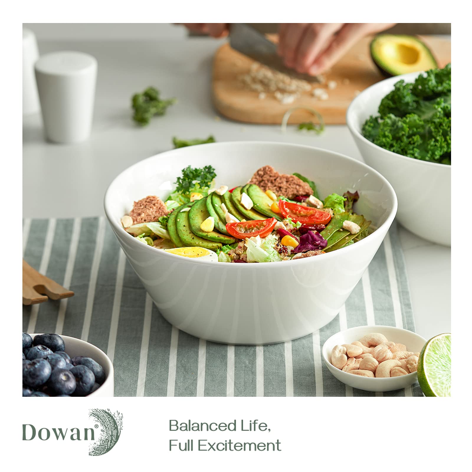 DOWAN Large Salad Bowls, 8.5" Large Soup Bowl, White Ceramic Bowls Set of 4, 58.5 Ounces Serving Bowls for Entertaining, Big Fruit Snack Bowls for Kitchen, Dishwasher & Microwave Safe