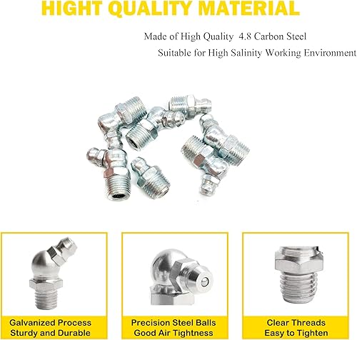 Miniatura 3 de 18 "-28 12 unids Grease Fitting Surtido recto 45 90 grados Grease Zerk Fittings, accesorios de grasa de acero galvanizado y puntas de pistola de