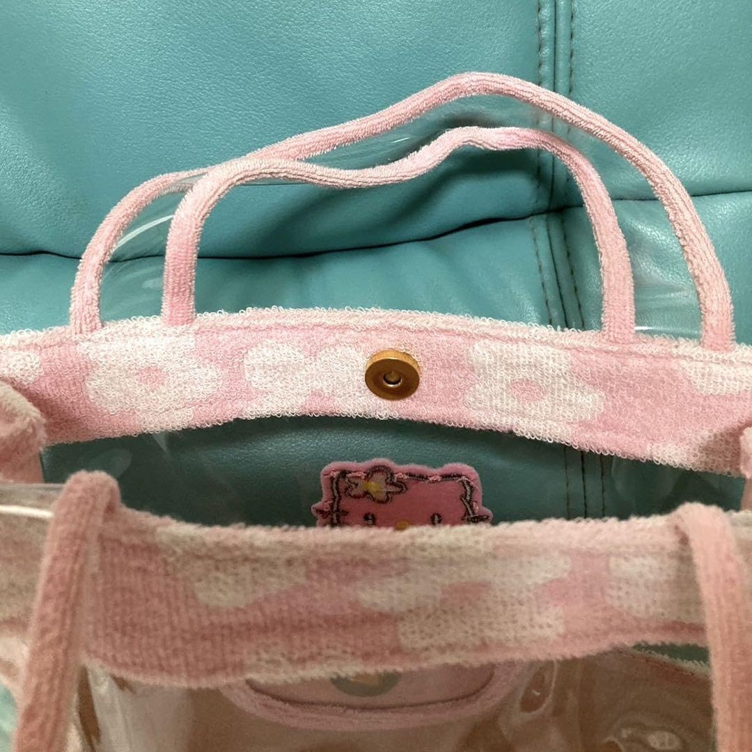 1999年サンリオキティフラワーピンク ビニールトートバッグ タオル生地