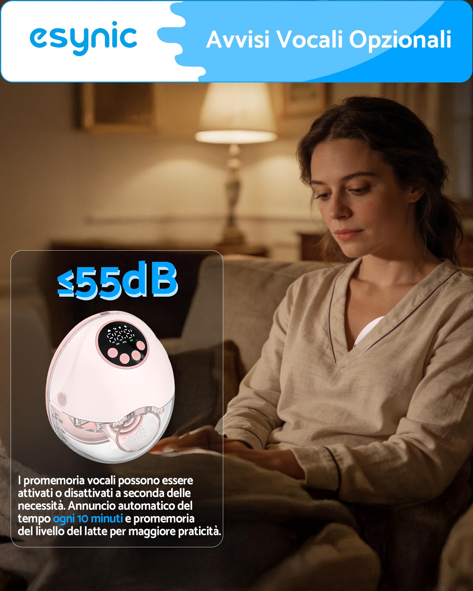 eSynic 1PZ Tiralatte Elettrico Indossabile con Monitoraggio Latte e Autospegnimento, 4 Modalità 12 Livelli, Silenzioso con Display LED, 24/21/19mm Flange, Portatile per Mamme in Movimento - 150ML Rosa