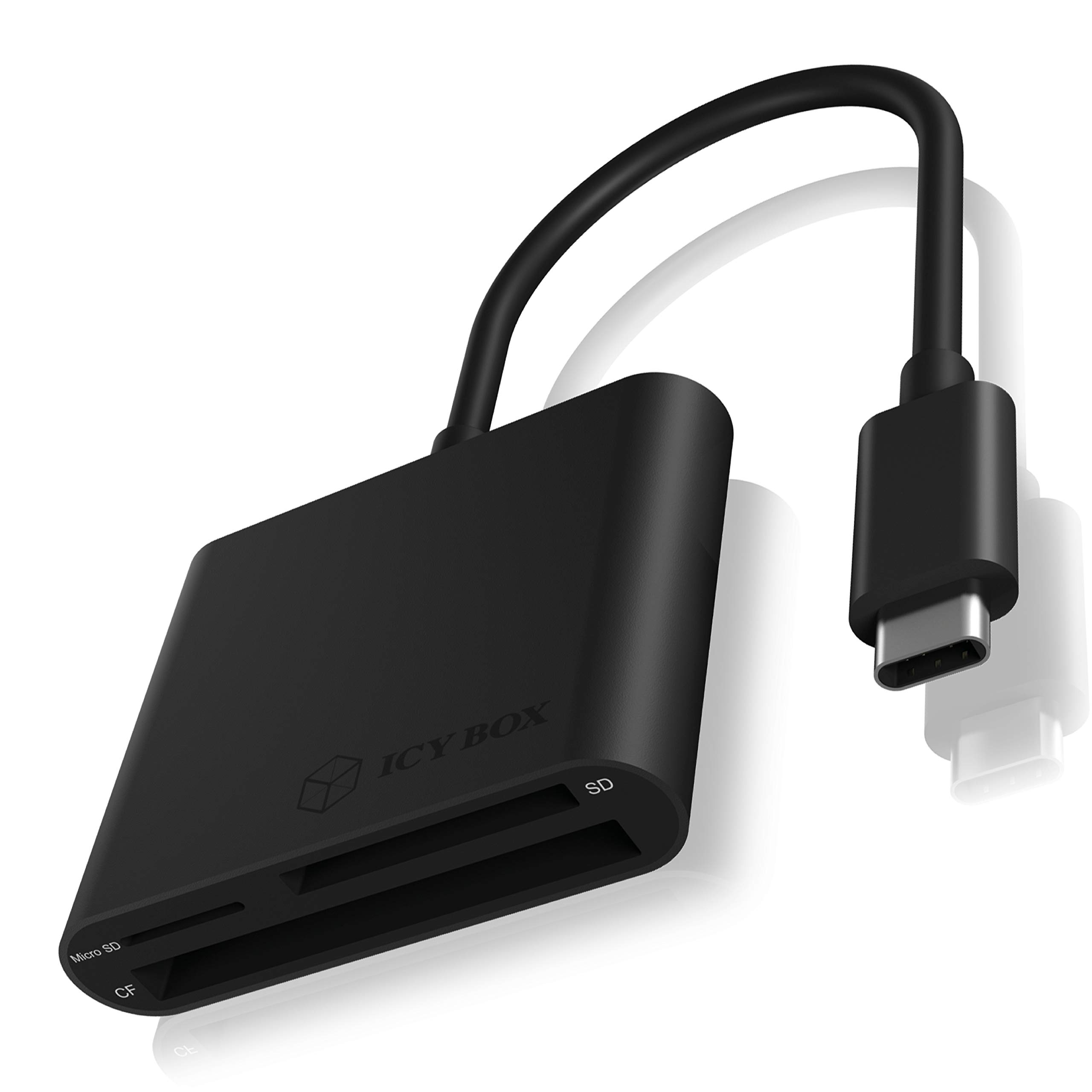 ICY BOX 60649 BOX SD Card Reader with USB-C, USB 3 Card Reader for SD, micro SD or CF, Built-in Cable, Aluminium, Black