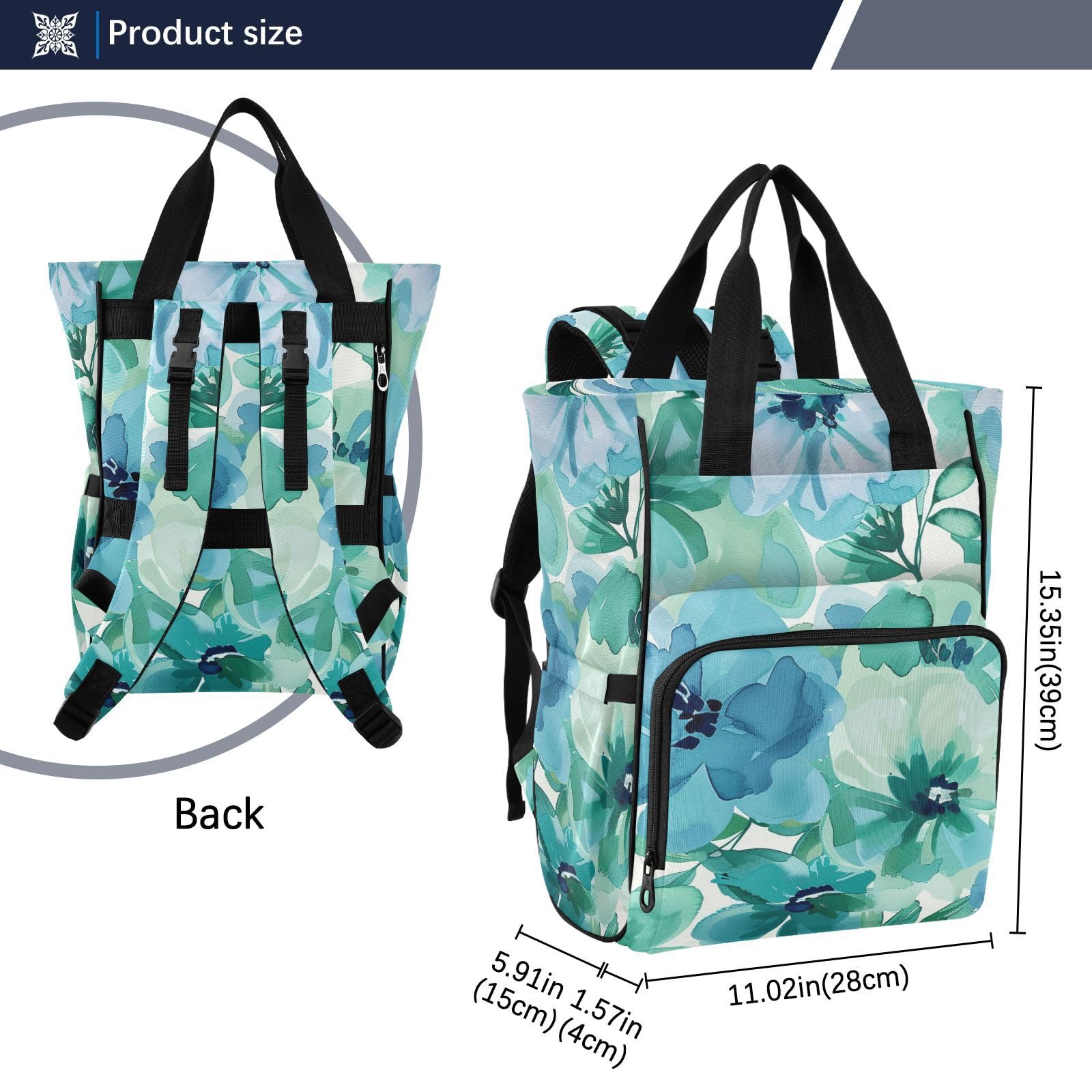 Borsa per pannolini zaino per mamme papà fiori verde menta e blu