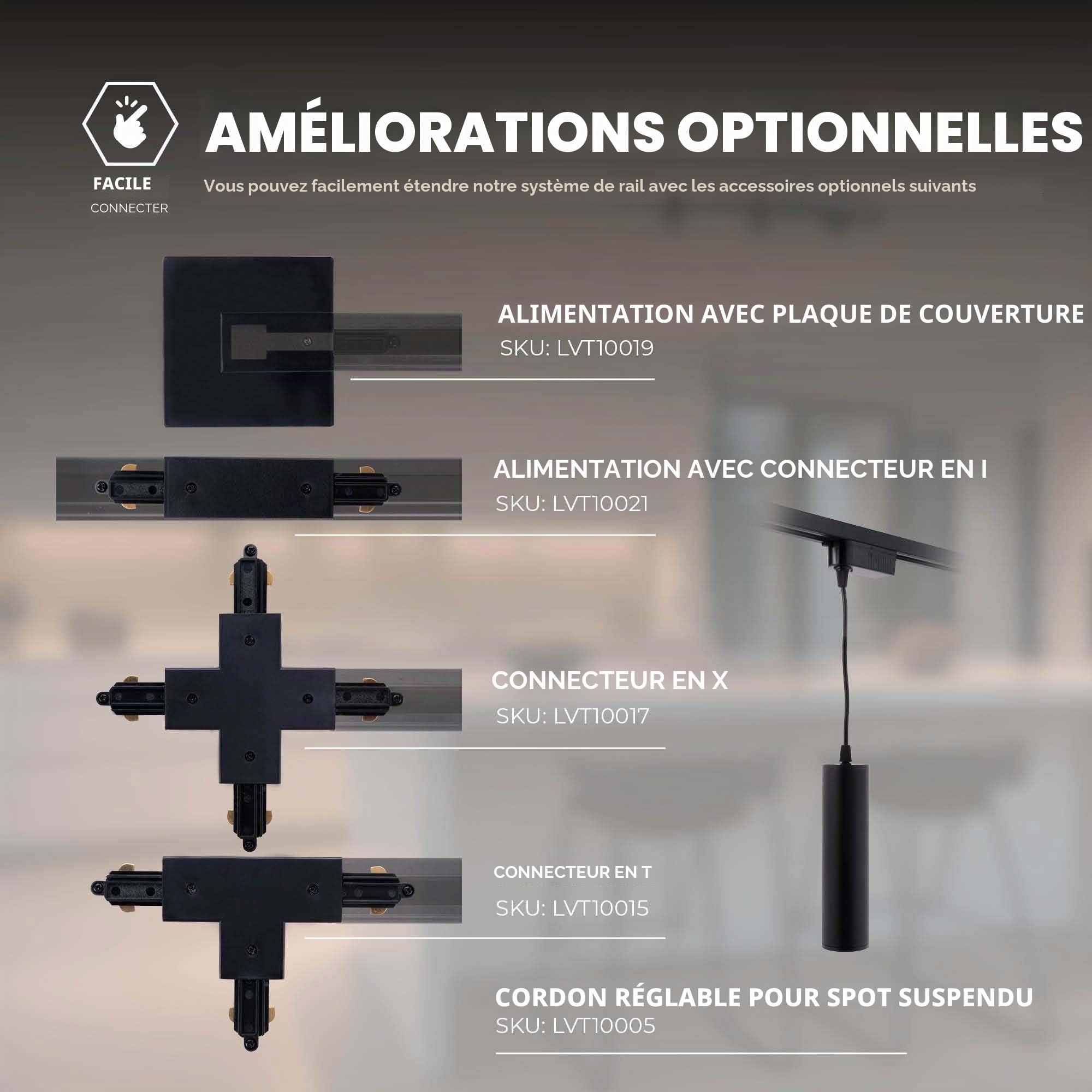 Ledvion - Système d’éclairage LED monophasé, 2m, Rail Monophasé, 3W, Noir, 2700K, 6 spots GU10 orientables, luminaire plafonnier, spot plafond, rail led, plafonnier moderne design