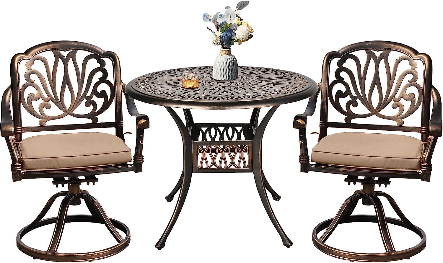 TITIMO 3 Pieces Outdoor Bistro Set, Cast Aluminum Conversation Set with 2 Patio Swivel Chairs and 1 Round Patio Table (Khaki)