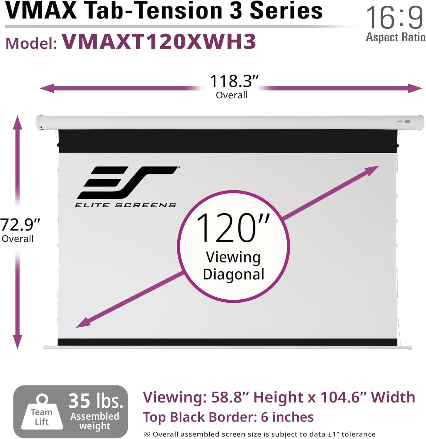 Elite Screens VMAX 3 Tab-Tensioned Series, 120-INCH 16:9, Motorized Projector Screen for Ultra/Standard/Short Projectors Movie Home Theater, VMAXT120XWH3