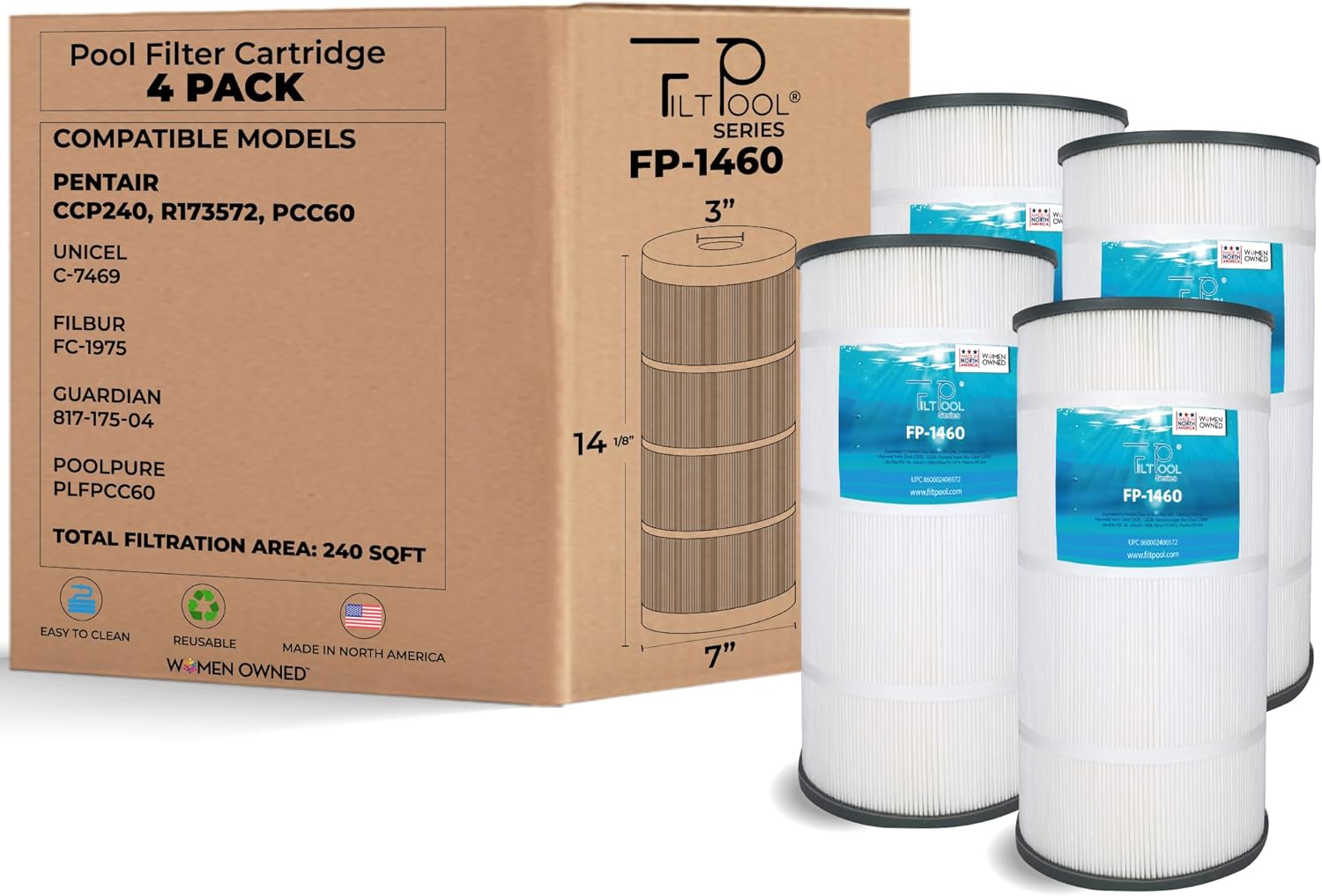 FP-1460 - Pool Filter Replacement for Pentair CCP240, R173572, PCC60, Unicel C-7469, Filbur FC-1975, Guardian 817-175-04, PLFPCC60 - Swimming Pool Cartridge Filter System - 4 Pack, 60 SQFT