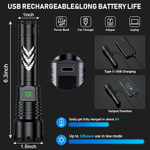 Miniatura 4 de Alifa Linternas recargables de alto lúmenes, paquete de 2 linternas recargables, 990000 lm linterna súper brillante, 5 modos de linternas tácticas