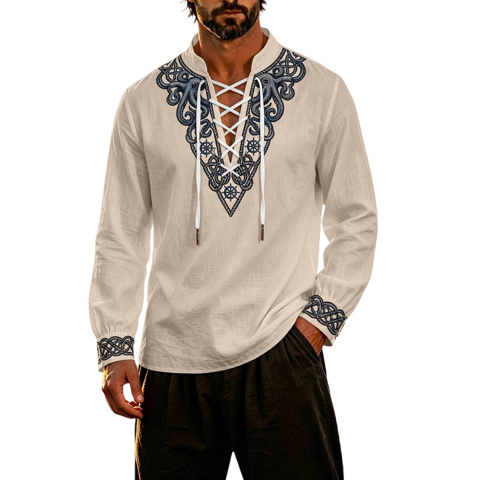 Classic Themed Men's Long Sleeve Shirt for Adventure Nautical Style Top with for Everyday Wear and Cosplay (g-Khaki, XL)