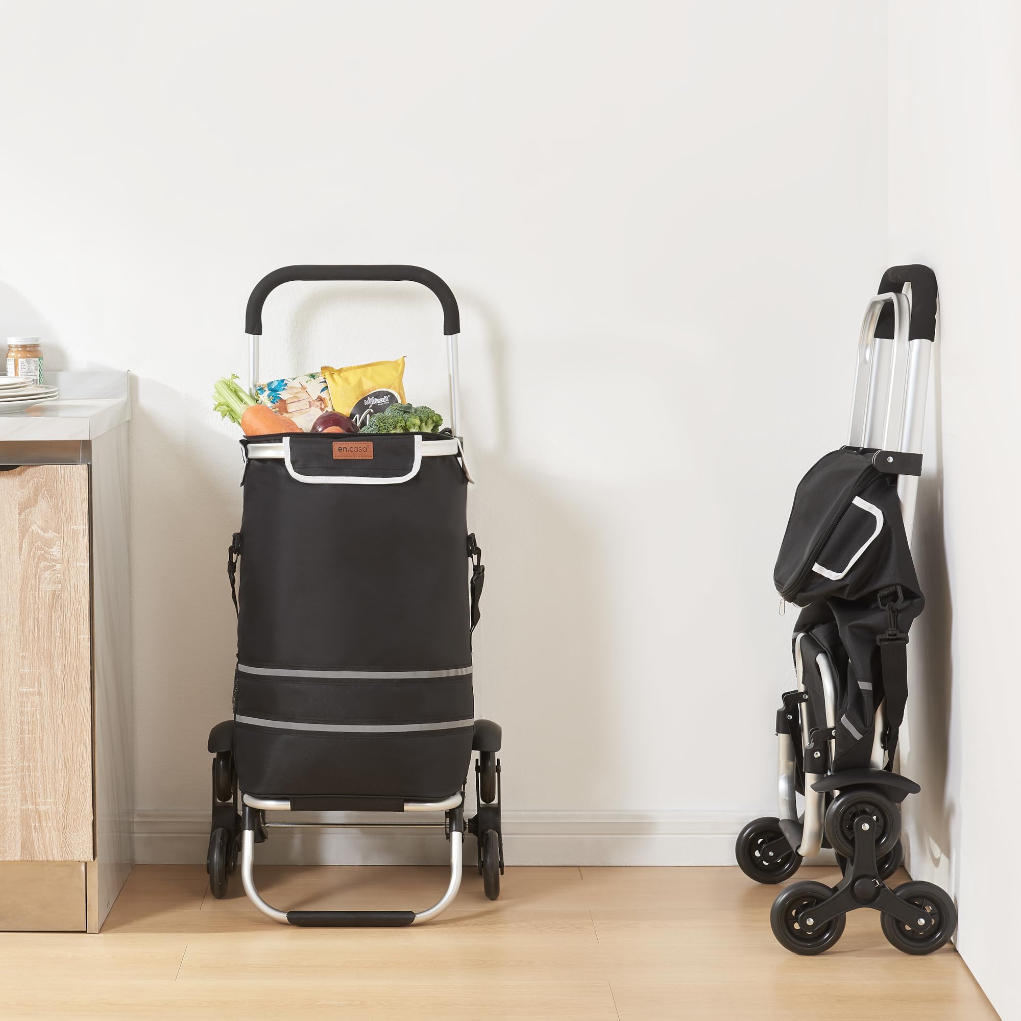 [en.casa] Einkaufstrolley Neef Treppensteiger Einkaufswagen klappbar Shopping Trolley mit Kühlfach Einkaufsroller 41 Liter bis 20 kg belastbar abnehmbare Einkaufstasche Einkaufsrollwagen Schwarz
