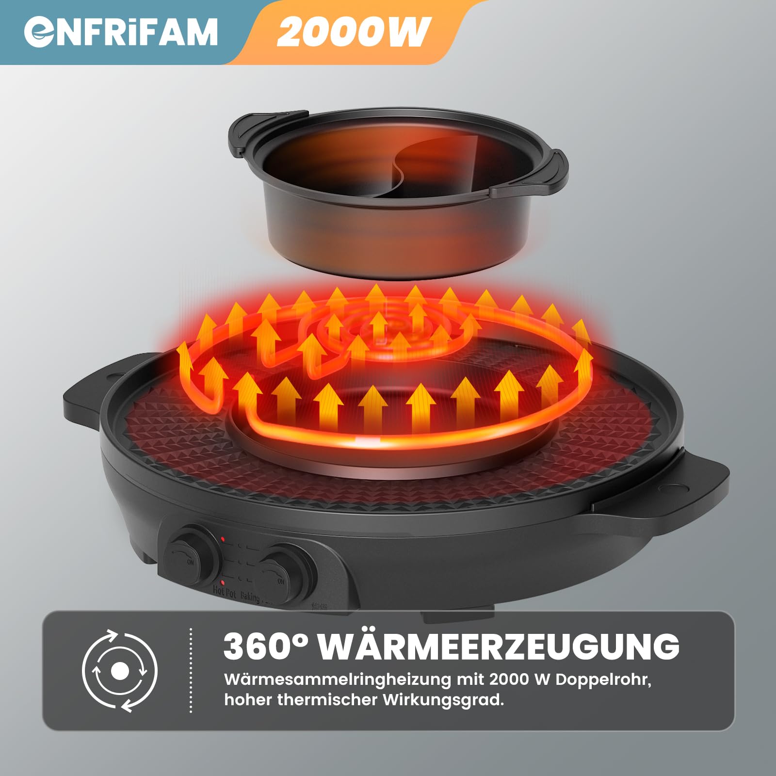 2000W Hot Pot Elektrischer, 2 in 1 Hotpot und Raclette grill, für 8 Personen, Grill Hot Pot, gleichmäßige Erhitzung mit unabhängiger Temperaturregelung, leicht zu reinigen