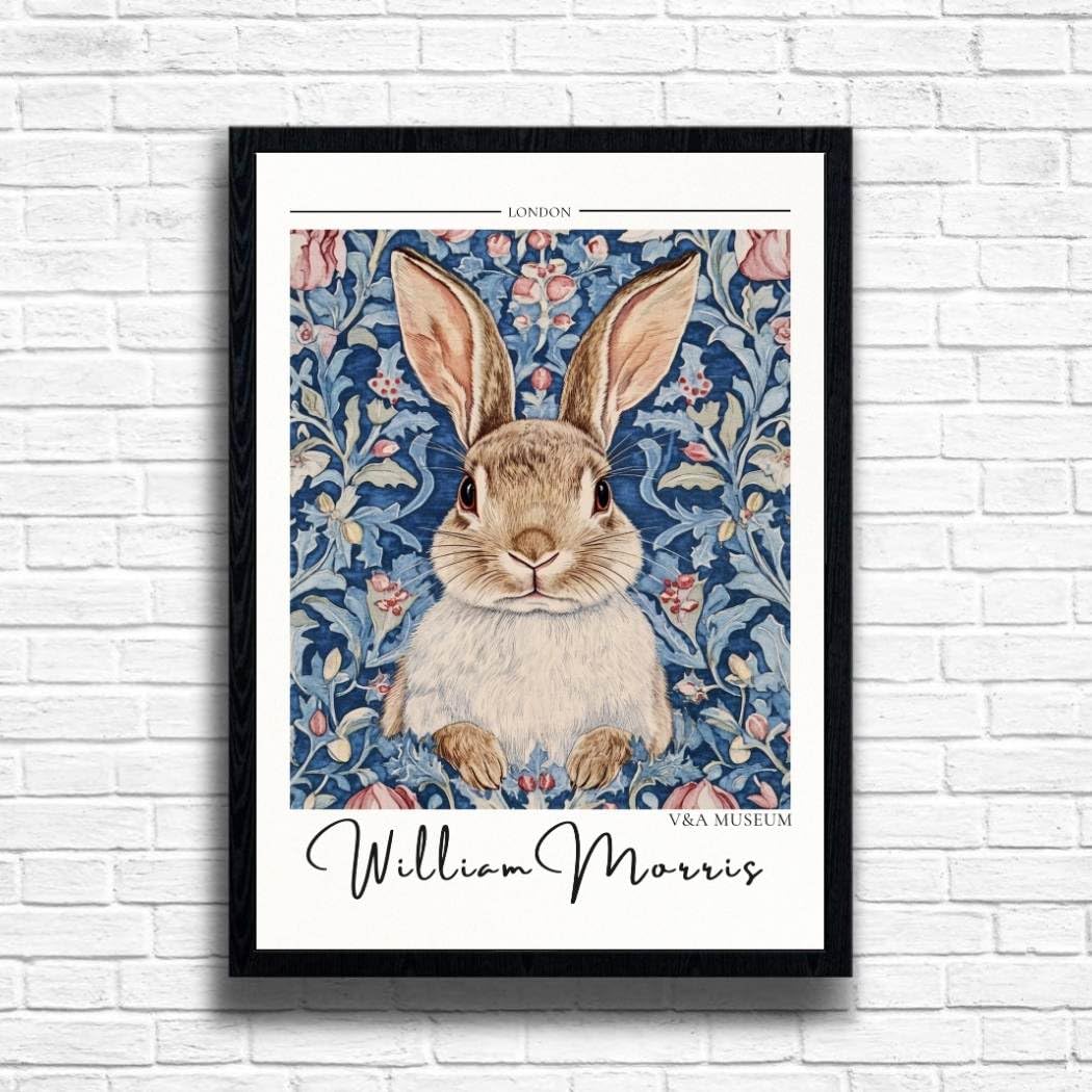 William Morris Rabbit Print, Botanical print, Dark Cottagecore decor, Mid century poster, Flower Market print, nature, illustration, Art Nouveau home deco (A4 Framed (Black))