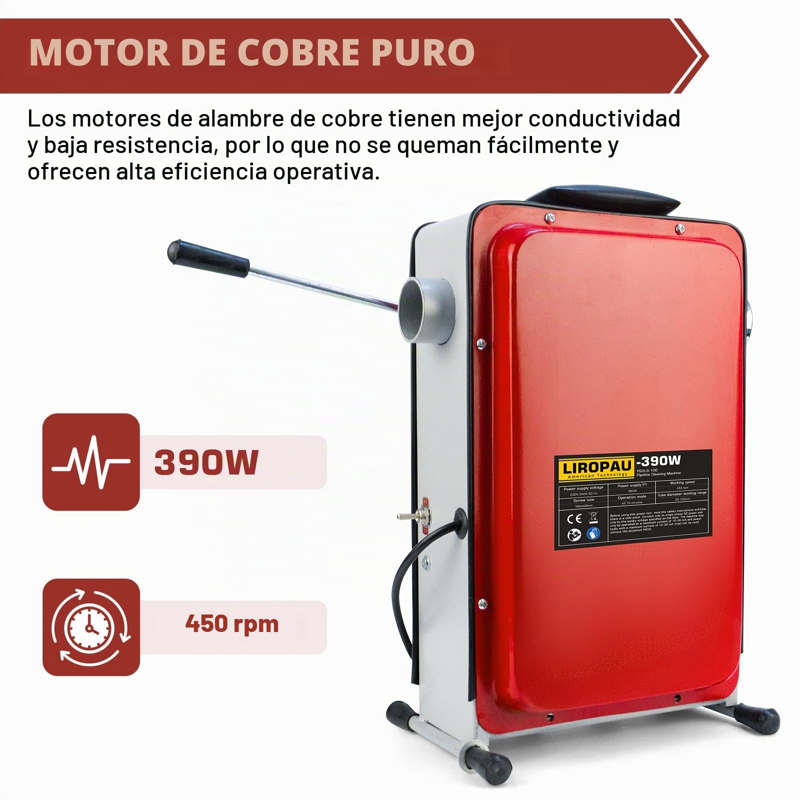Desatascador de desagües eléctrico de 390 W y 450 rpm con diferencial (RCD) para tuberías de Ø20-100 mm, espirales de Ø8 mm (10 m), Ø16 mm (14,5 m), dispositivo de desatasco.