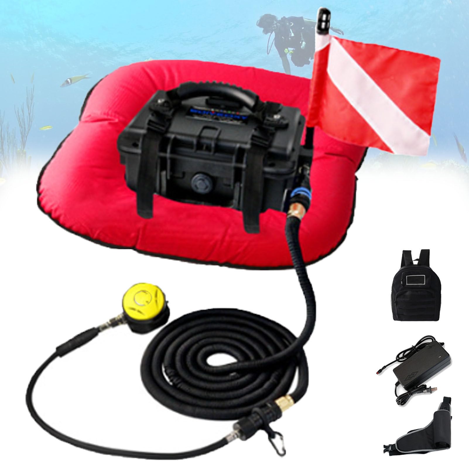 Appareil Respiratoire éLectrique pour La PlongéE, Compresseur De PlongéE sous-Marine, avec Tuyau DéTachable Et DéTendeur De PlongéE, pour La PêChe Red-1Battery