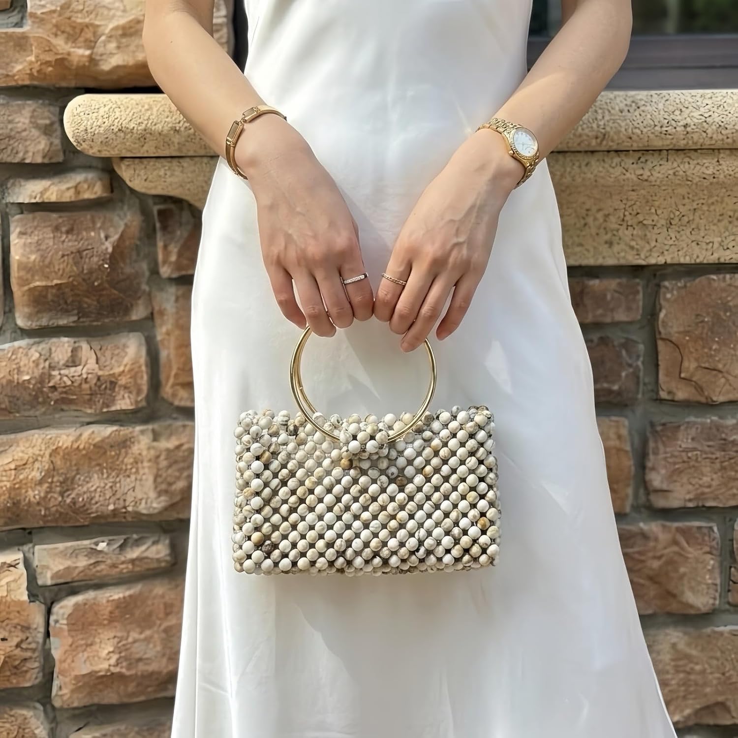 Boho Stone Beaded Handbag Handmade Woven Clutch Purses for Women