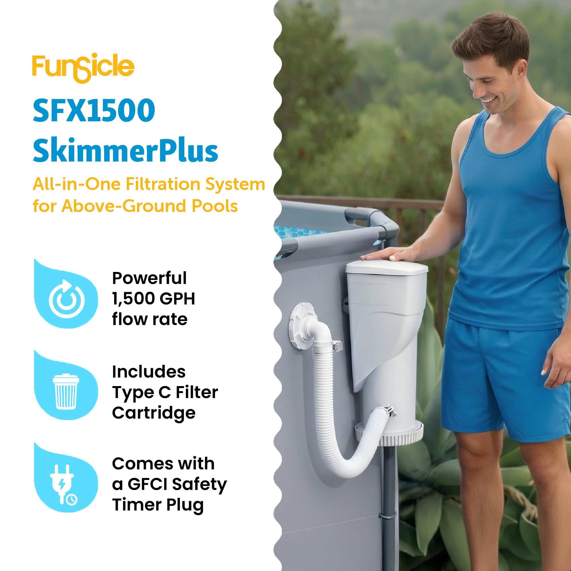 Funsicle SkimmerPlus 1500 GPH pompa filtrująca 2 w 1 i system odpieniacza z zaciskami i złączką węża 3,8 cm do basenów naziemnych