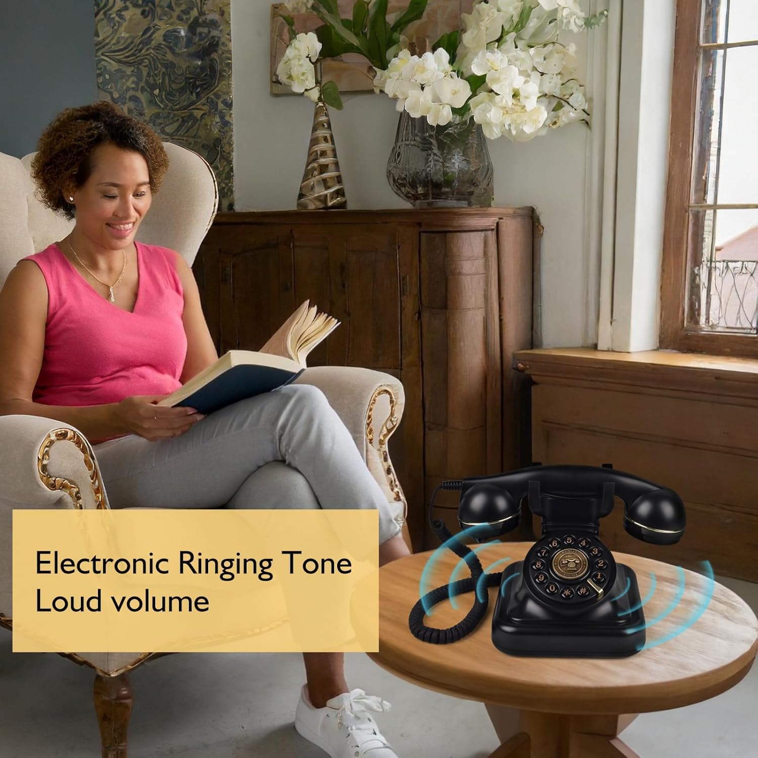 Telefono fisso retrò con selezione a pulsante, telefono vintage con volume della suoneria regolabile e funzione di ricomposizione, telefono retrò con filo per casa, ufficio, hotel, nero